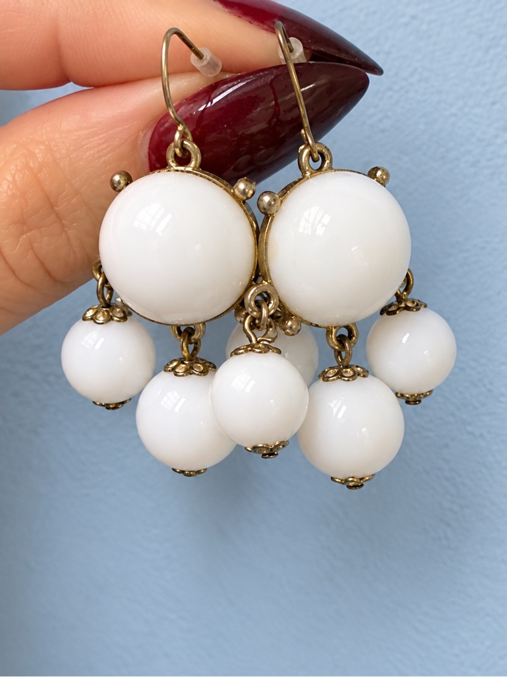 White Beaded Bubble Dangle Earrings | Gold Tone | OS
